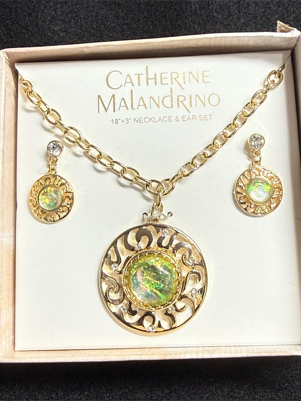Italian Catherine Malandrino Gold-Tone Green Opal Pendant Necklace & Earring Set